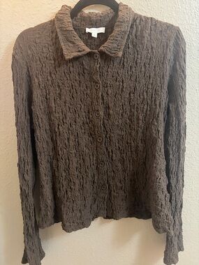 Textured Button-Front Long Sleeve Top - Brown